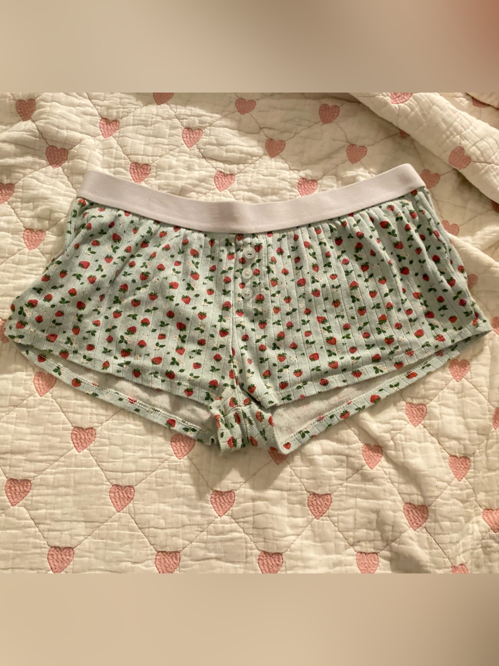 Strawberry Print Ribbed Button-Front Crop Top — Mint - Picture 1 of 3